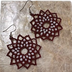 Handmade Beaded Earrings - Poinsetta Hook Earings - Color: Burgundy & Pink